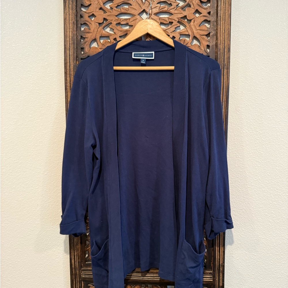 Karen Scott Navy Open-Front Cardigan with Pockets